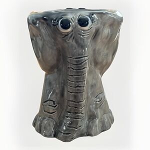Vintage Gray Ceramic Elephant Planter Vase Signed Whimsical Pottery Signed
